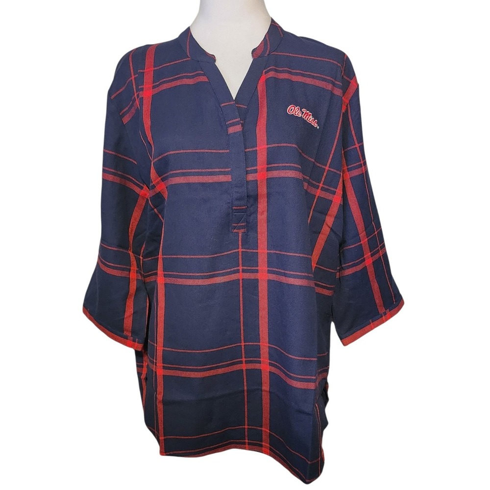 UG Apparel Ole Miss Rebels Plaid Navy Red Top Womens Large 3/4 Sleeve Shirt L